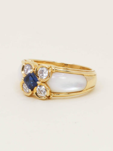 Bague 59 Bague trèfle en or jaune 18 carats, saphir, diamants et nacre 58 Facettes 1204.2