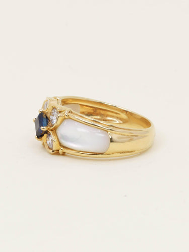 Bague 59 Bague trèfle en or jaune 18 carats, saphir, diamants et nacre 58 Facettes 1204.2