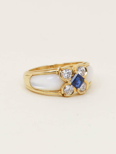 Bague 59 Bague trèfle en or jaune 18 carats, saphir, diamants et nacre 58 Facettes 1204.2