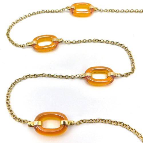 Collier Collier à maillons ovales en or jaune 14K et verre ambre sculpté 58 Facettes 10027