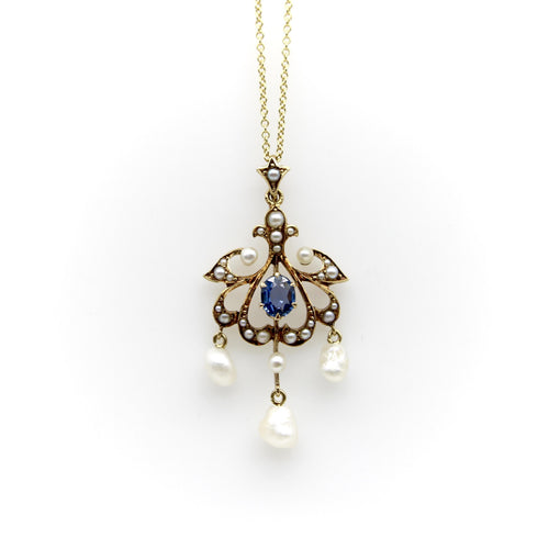 Pendentif Époque édouardienne - Pendentif en or 14k saphir et perles de semence 58 Facettes A2005T