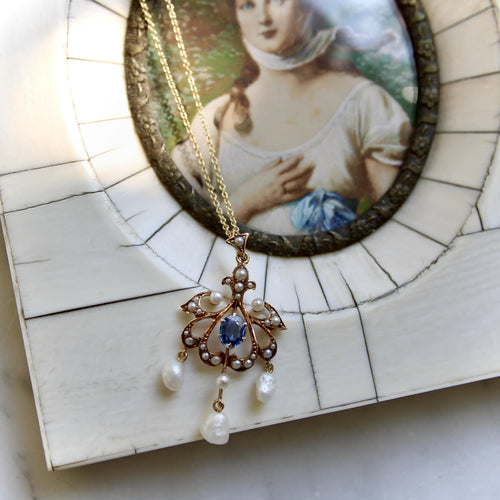 Pendentif Époque édouardienne - Pendentif en or 14k saphir et perles de semence 58 Facettes A2005T