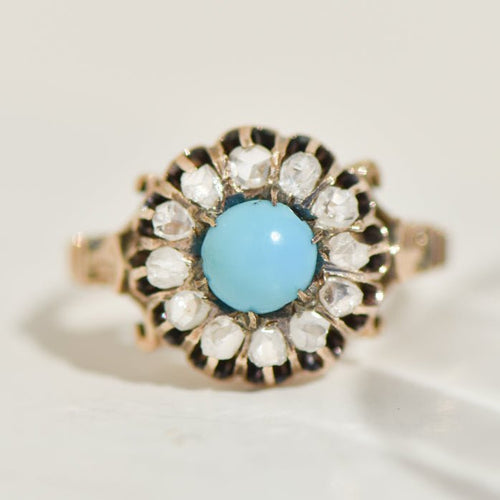 Bague 55 Bague Biedermeier - Bague en or jaune 14K avec turquoises et diamants 58 Facettes 3230-7
