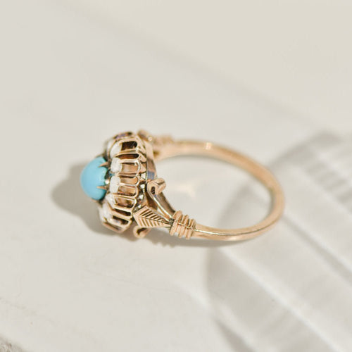 Bague 55 Bague Biedermeier - Bague en or jaune 14K avec turquoises et diamants 58 Facettes 3230-7