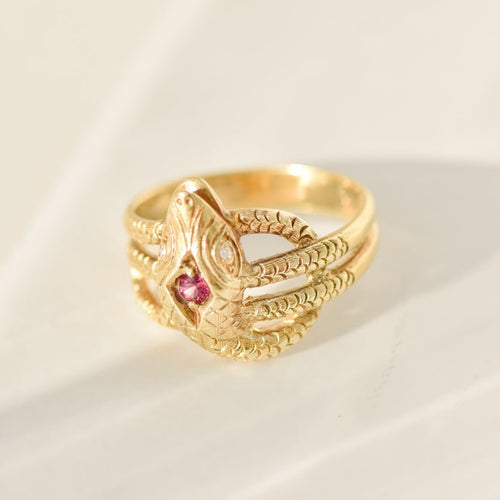 Bague 56 Bague serpent vintage en or jaune 14K avec rubis 58 Facettes 3229-9