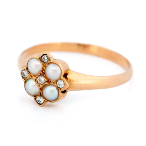 Bague 52 Bague trèfle en or jaune 14k, perles et diamants 58 Facettes 547DEA17EBD34E9DB94B84F41EF78066