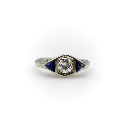Bague Art déco - Bague en or blanc 14 carats, diamant et saphirs 58 Facettes A20048