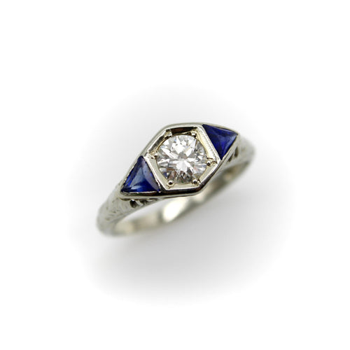 Bague Art déco - Bague en or blanc 14 carats, diamant et saphirs 58 Facettes A20048