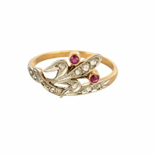 Bague 54 Bague début XXe - Motif floral en or jaune et blanc 18K, rubis et diamants 58 Facettes LAN12232