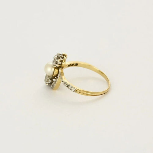 Bague 56 Bague Belle Époque motif naturaliste en or jaune, platine, diamants et perle 58 Facettes LOR3543