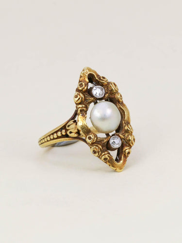 Bague 47 Bague marquise Art Nouveau or jaune perle fine diamants 58 Facettes 1260