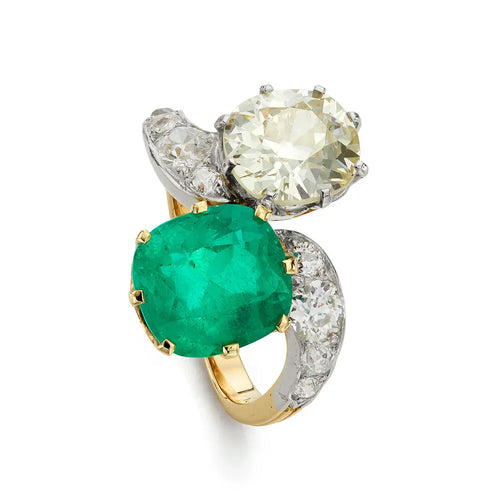 Bague Époque édouardienne - Bague Toi et Moi en or jaune et platine émeraude et diamants 58 Facettes VI-0007