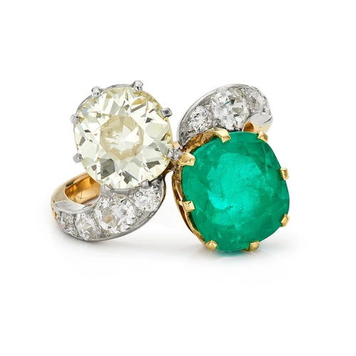 Bague 54.5 Toi et Moi édouardienne - Bague en or jaune 18 ct, platine, émeraude et diamant 58 Facettes VI-0007