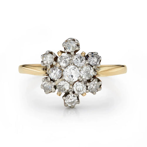 Bague 57 Bague cluster vintage en or jaune et blanc 18 ct et diamants 58 Facettes VI-0026