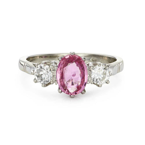 Bague 56 Bague trois pierres vintage en platine avec saphir fantaisie et diamants 58 Facettes VI-0024