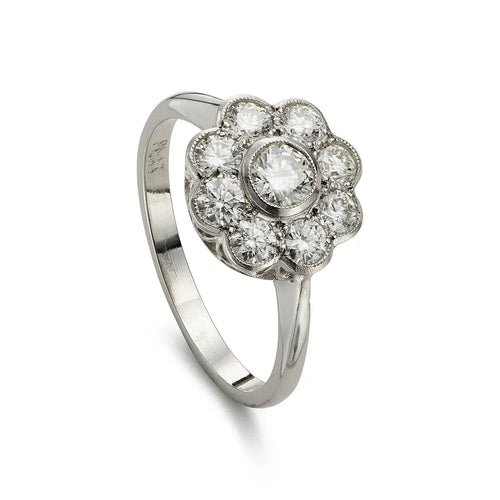 Bague 54 Bague cluster en platine avec diamants (env. 1,00 ct) 58 Facettes VI-0032