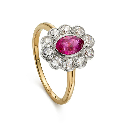 Bague 54 Edwardian - Bague cocktail rubis et diamants en or jaune 18 ct et platine 58 Facettes VI-0003