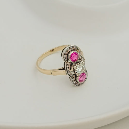 Bague 55 Bague trilogie Art déco en or jaune 585 avec diamant et rubis 58 Facettes 3136