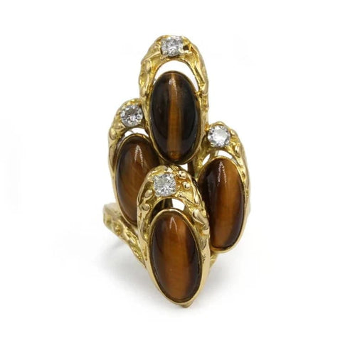 Bague 57 Bague en or jaune 750‰ aux yeux-de-tigre et diamants 58 Facettes 260032R