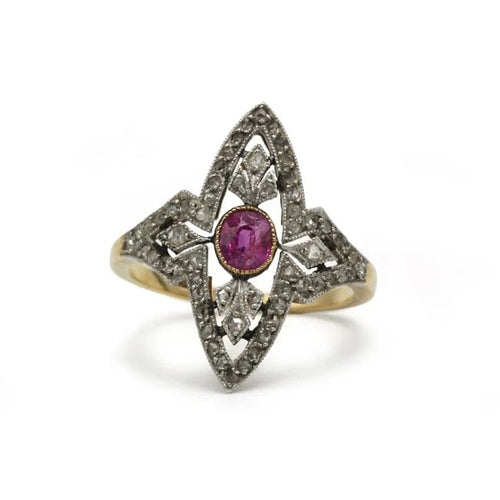 Bague 54 Bague Art déco marquise en or jaune, platine, diamants et saphir rose 58 Facettes 260008R
