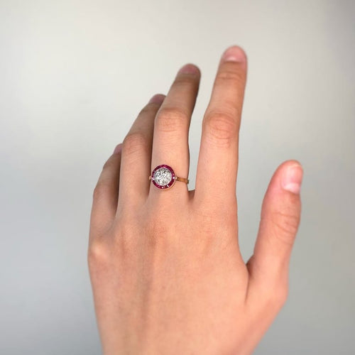 Bague 53 Bague Art déco en or jaune 750, rubis synthétiques et diamants 58 Facettes 260004R