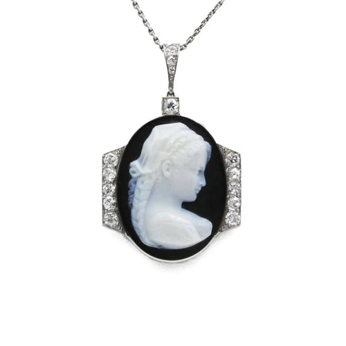 Collier Collier Pendentif Art Déco - Platine, Diamants & Camée Onyx 58 Facettes 250427R