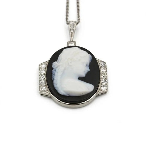 Collier Collier Pendentif Art Déco - Platine, Diamants & Camée Onyx 58 Facettes 250427R