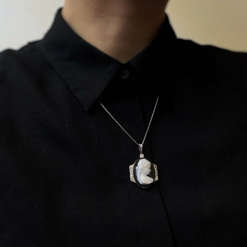 Collier Collier Pendentif Art Déco - Platine, Diamants & Camée Onyx 58 Facettes 250427R