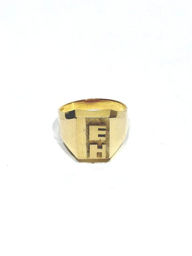 Bague 55 Chevalière en or champagne 18 carats guillochée « E H » 58 Facettes