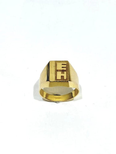 Bague 55 Chevalière en or champagne 18 carats guillochée « E H » 58 Facettes