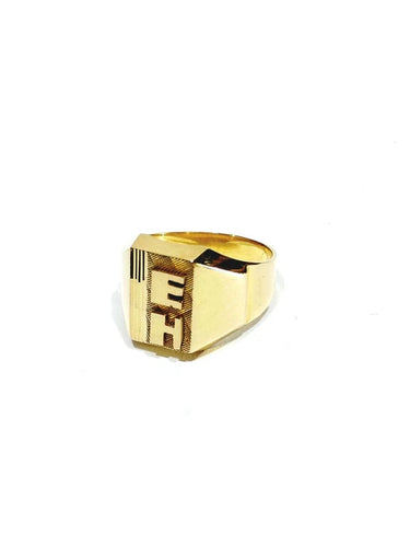 Bague 55 Chevalière en or champagne 18 carats guillochée « E H » 58 Facettes