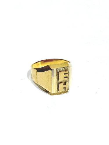 Bague 55 Chevalière en or champagne 18 carats guillochée « E H » 58 Facettes