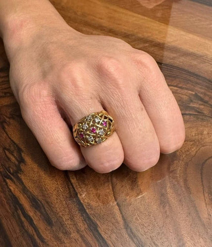 Bague 54 Bague Art déco en or 18 carats avec diamants et rubis synthétiques 58 Facettes