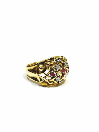 Bague 54 Bague ajourée en or champagne 18 carats avec diamants et rubis synthétiques 58 Facettes