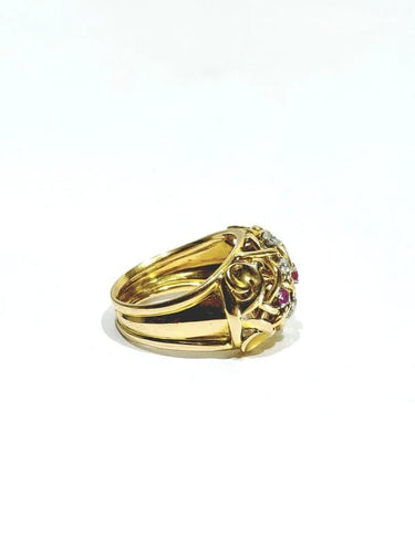 Bague 54 Bague ajourée en or champagne 18 carats avec diamants et rubis synthétiques 58 Facettes