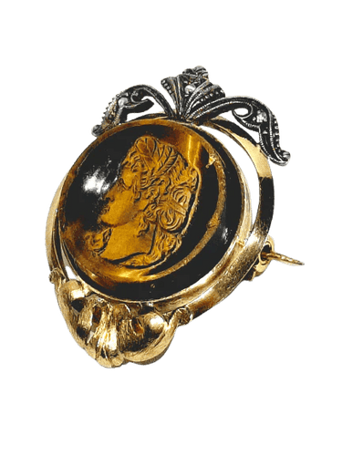 Broche Broche en or rose et blanc 18 carats et œil de tigre, diamants 58 Facettes