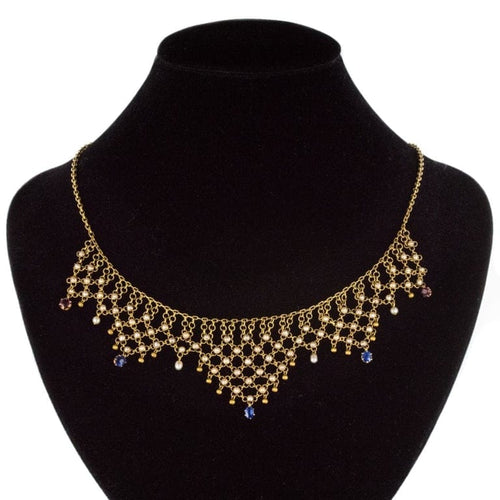 Collier Collier draperie ancien en or jaune 18 carats, saphirs, rubis et perles 58 Facettes 15-168