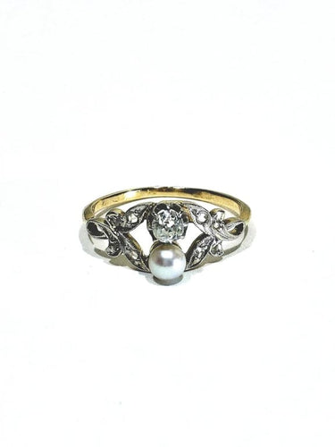 Bague 59 Bague Art nouveau en or jaune et blanc 18 carats, diamants et perle 58 Facettes
