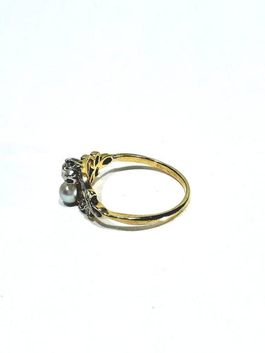 Bague 59 Bague Art nouveau en or jaune et blanc 18 carats, diamants et perle 58 Facettes
