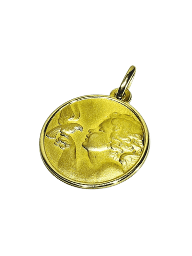 Pendentif Médaille de baptême - Ange et colombe en or jaune 18 carats 58 Facettes