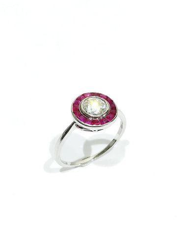 Bague 61 Bague Art déco en platine avec diamant taille ancienne et rubis synthétiques 58 Facettes