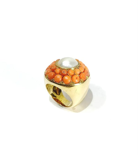 Bague 50.5 Bague en or jaune 18 carats avec perle et corail 58 Facettes