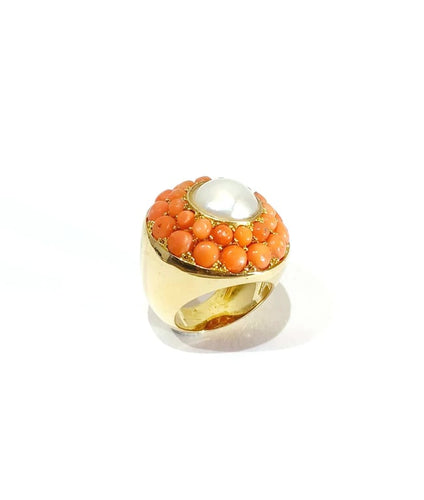 Bague 50.5 Bague en or jaune 18 carats avec perle et corail 58 Facettes