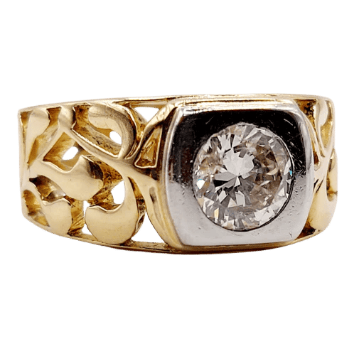 Bague 57 Art nouveau - Bague chevalière en or 18k et platine avec diamant 0,90 ct 58 Facettes A06449