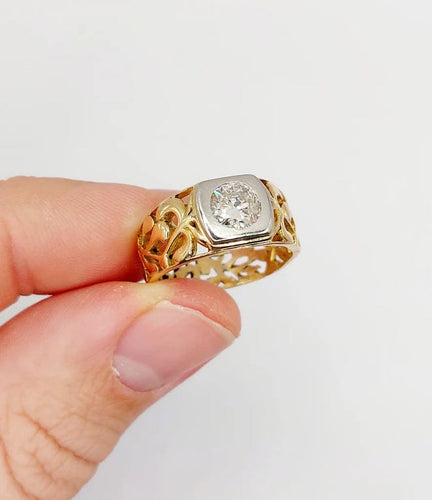 Bague 57 Art nouveau - Bague chevalière en or 18k et platine avec diamant 0,90 ct 58 Facettes A06449