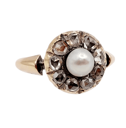 Bague 55 Bague marguerite antique en or rose 18k avec perle et diamants 58 Facettes A06463