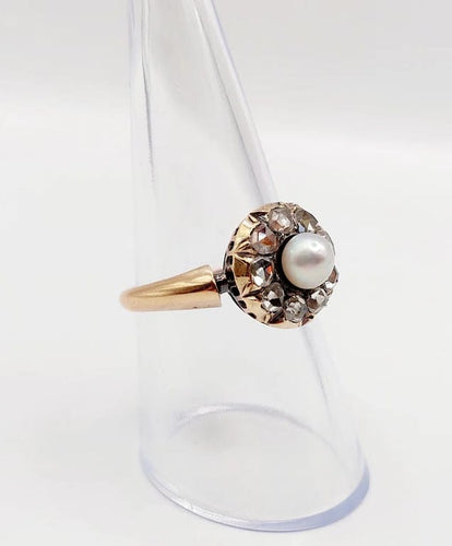 Bague 55 Bague marguerite antique en or rose 18k avec perle et diamants 58 Facettes A06463