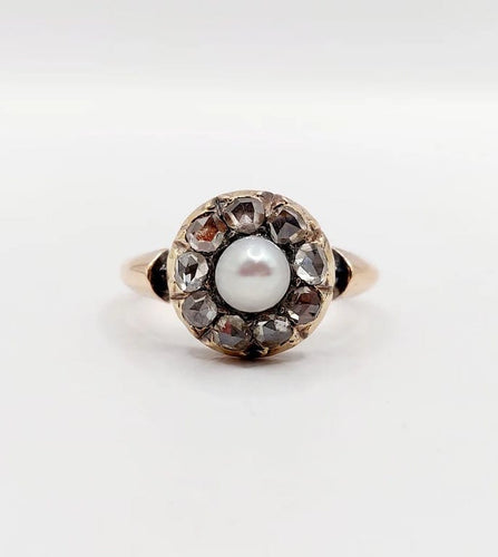 Bague 55 Bague marguerite antique en or rose 18k avec perle et diamants 58 Facettes A06463