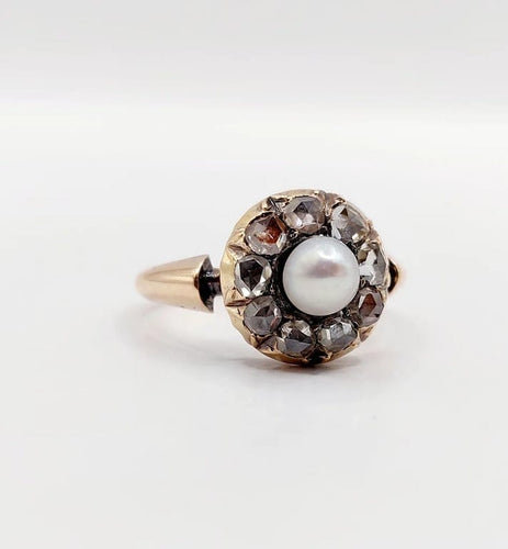 Bague 55 Bague marguerite antique en or rose 18k avec perle et diamants 58 Facettes A06463