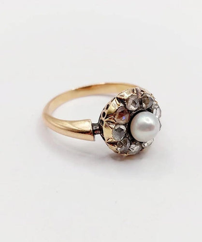 Bague 55 Bague marguerite antique en or rose 18k avec perle et diamants 58 Facettes A06463